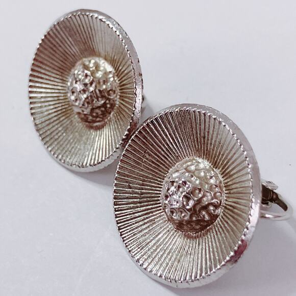 Signed Emmons Mid Century Earrings Sunburst Clip On 1950s 1960s Silver Tone - Picture 2 of 11